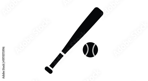 A simple black graphic displays a baseball bat diagonally positioned above a baseball silhouette high quality professional detailed