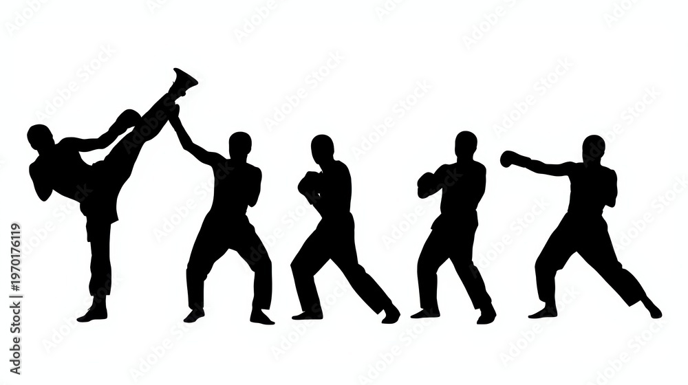 Fototapeta premium Martial arts silhouettes, kickboxing poses, fighting stances, combat sports icons, athletic movements
