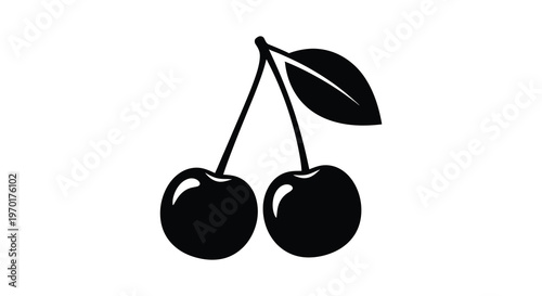 A strikingly simple illustration depicts two ripe cherries with stems presented in a bold black silhouette high quality