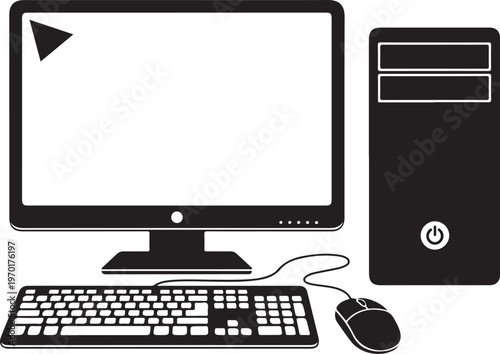 A computer monitor keyboard and mouse with a tower