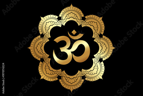 OM mantra mandala ancient Hindu symbol, gold Circular pattern flower Mehndi decoration, ornament in oriental style, vector illustration isolated on black background