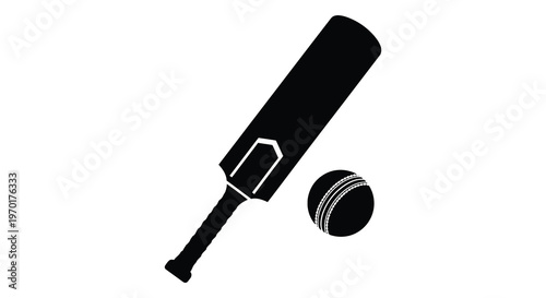 A striking black silhouette depicts a cricket bat and ball showcasing essential equipment for the sport silhouette