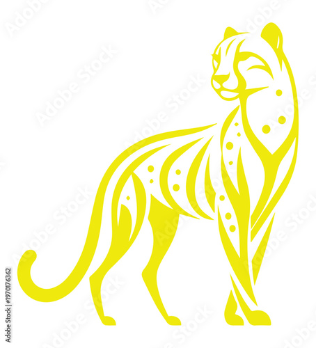 yellow cheetah is standing in front of a white background