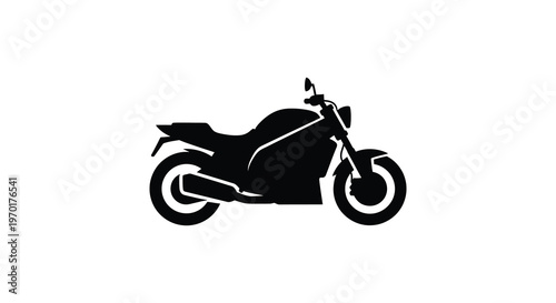 A striking black silhouette of a modern motorcycle is prominently displayed against a plain white background silhouette
