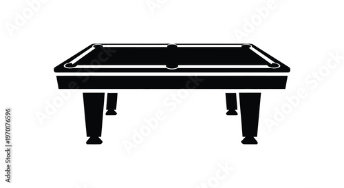 A stark black silhouette of a rectangular billiards table with six pockets and legs isolated on white silhouette