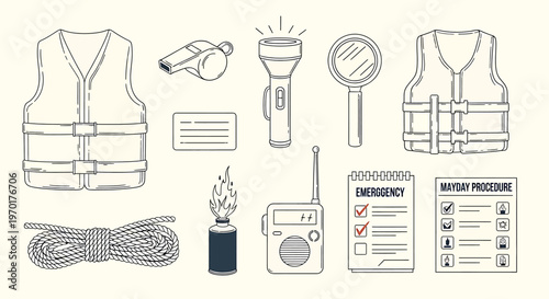 Technical drawing of a life vest orthographic projections and component details isolated on transparent background