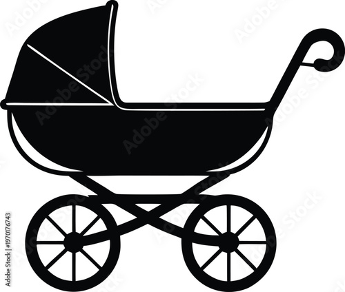Classic baby carriage pram black silhouette vector illustration