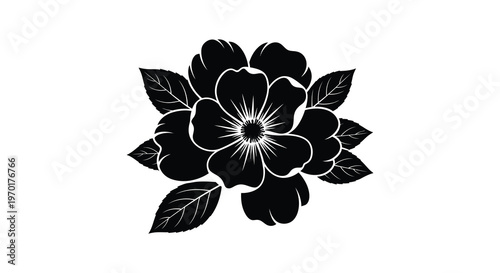 A striking black floral design showcases a fully bloomed flower with detailed petals and leaves a bold silhouette