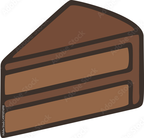 A simple cartoon illustration of a slice of chocolate cake with frosting layers on a white plate.