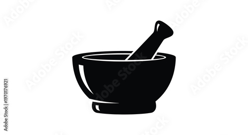 A striking black silhouette depicts a traditional mortar and pestle showcasing a classic kitchen tool silhouette high quality