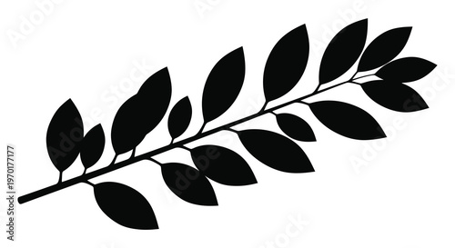 A simple black silhouette of a leafy branch with several oval shaped leaves creating a natural design silhouette