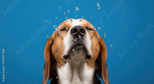 Beagle Dog with Eyes Closed on Blue Background