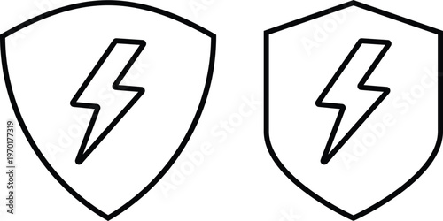 Shield and Lightning Bolt Icon Set. Shield with flash and power symbol. Cybersecurity and fast protection symbols. Electric shield and rapid defense icons
