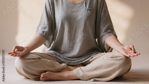 Fotografie woman doing yoga, Deep breathing helps the body reach total serenity, The person remains centered in a busy world, This scene represents a healthy and balanced lifestyle, Time seems still