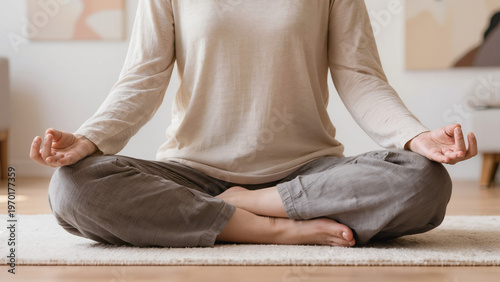 woman doing yoga, Deep breathing helps the body reach total serenity, The person remains centered in a busy world, This scene represents a healthy and balanced lifestyle, Time seems still.     