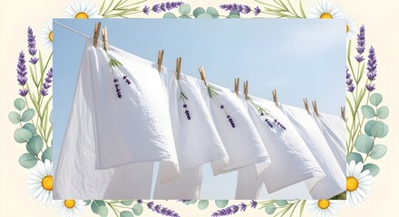 White linen sheets clothesline blue sky lavender watercolor border