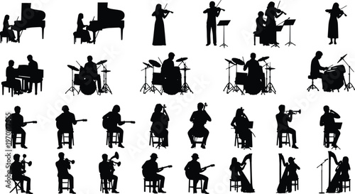 Musicians silhouettes collection performing classical and modern instruments showing orchestra band concert isolated white background illustration se
