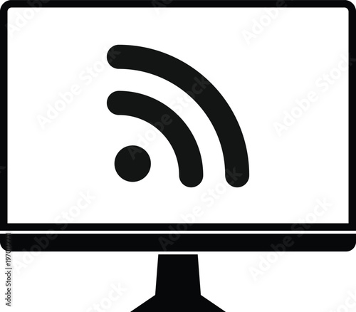 RSS feed icon with computer laptop . Latest news and feed symbols. Application and website signs. Content delivery and follow icons