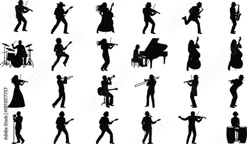Musicians silhouette collection, band performers playing guitar, violin, piano, drums and trumpet isolated on white background set
