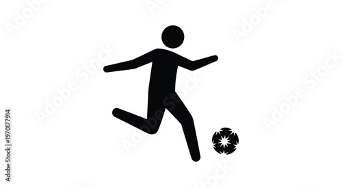 A simple black silhouette depicts a person dynamically kicking a soccer ball with energy and motion silhouette