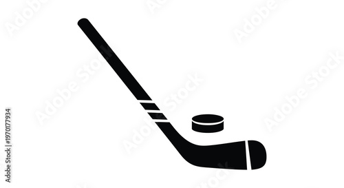 A black silhouette depicts a hockey stick lying next to a puck on a white background silhouette