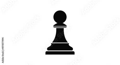 A stark black silhouette of a classic chess pawn stands prominently against a plain white background silhouette