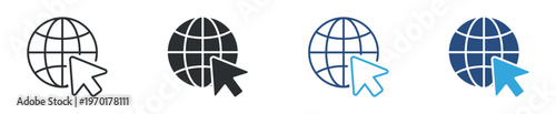 Go to Web Icon Set, Click Cursor on Globe, Internet Navigation and Online Access Symbols, Vector Illustration