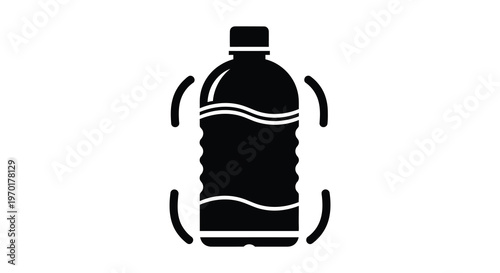 A simple black silhouette illustration depicts a plastic water bottle with wavy lines a modern design silhouette