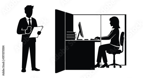 A business professional presents documents to a coworker inside an office cubicle depicted in silhouette high quality detailed
