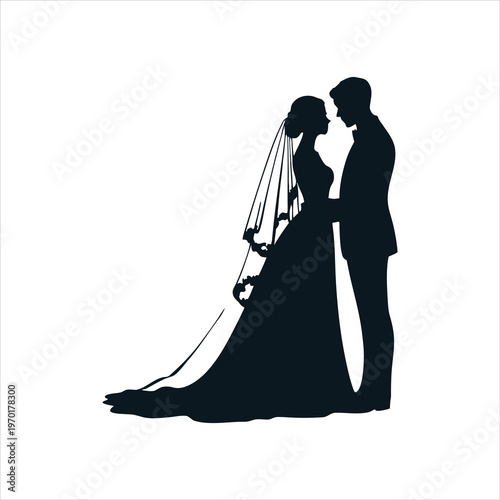 A silhouette of a romantic couple embracing on their wedding day