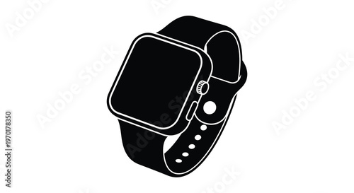 A stark black silhouette of a modern smartwatch with a digital display and sporty band silhouette high quality