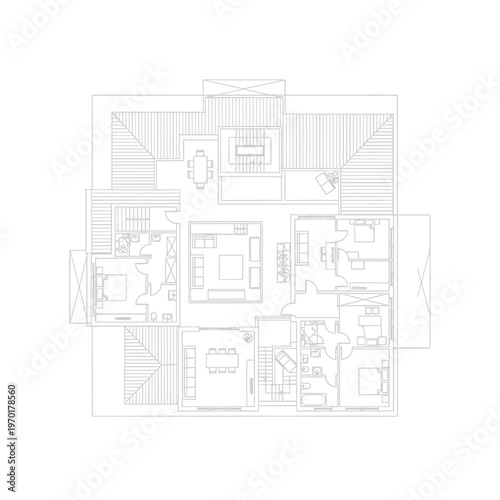 Architectural floor plan blueprint vector illustration with white lines on gray.