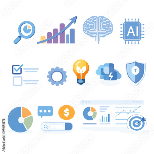 Business analytics and AI icon set, data dashboard, charts, finance, technology UI elements, flat vector illustration