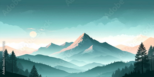 Misty mountain sunrise morning landscape with clouds, snow, fog, and valley view