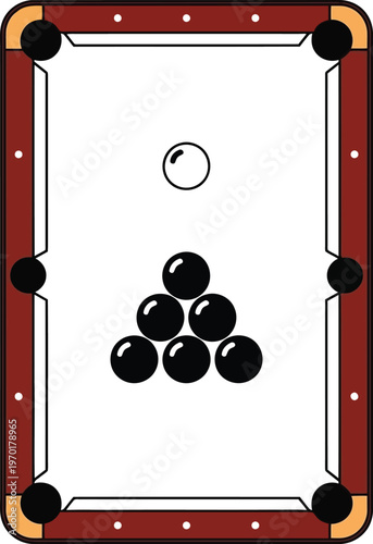 8 ball pool game setup with cue ball and striped solids on wooden table
