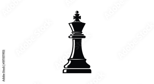 A stark black silhouette of a chess king stands prominently against a plain white background demonstrating power and strategy