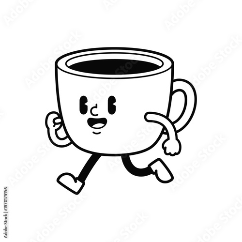 A black and white line art illustration of a cute anthropomorphic coffee mug walking quickly Vector