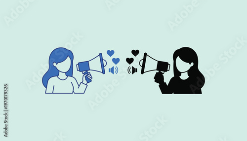 Two women communicating with each other using megaphones to express love and positive sentiments Vector