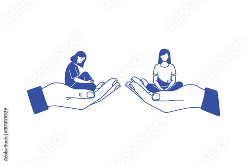 Two large hands supporting and holding two different women sitting in a meditative posture pose Vector