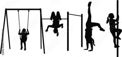 Children playground silhouettes showing swing handstand climbing hanging playful activities vector illustration concept for fun childhood outdoor recreation design