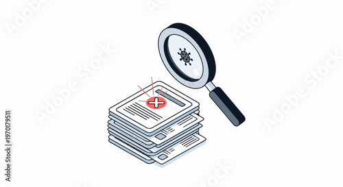 Isometric Security Audit Concept with Magnifying Glass Scanning Documents for Malware and System Viruses