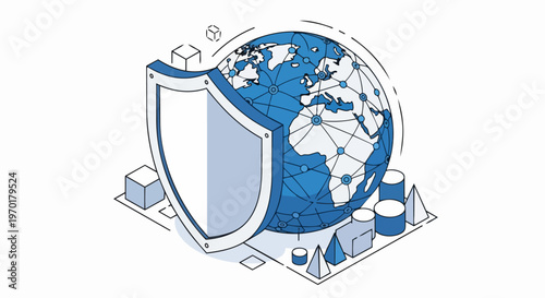 Isometric Global Cybersecurity Illustration with Shield Protecting World Network and Data Infrastructure