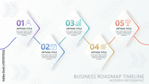 Business Roadmap Timeline Infographic with 5 Steps, Connected Diamond Layout, Project Milestones and Strategic Workflow Template