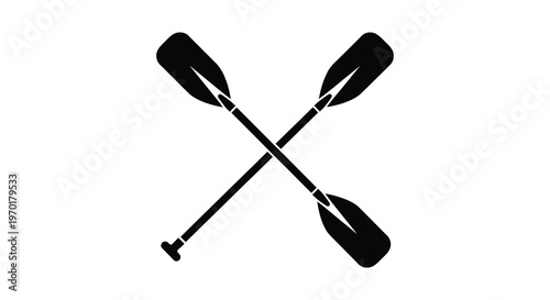 A striking black depiction of two crossed canoe paddles against a plain white background a bold silhouette