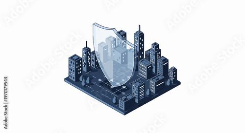 Isometric Smart City with Digital Protection Shield for Data Security and Urban Cybersecurity Concept