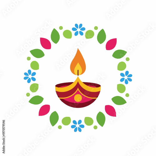 Diwali lamp with floral and leaf wreath.