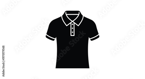 A simple black graphic depicts a short sleeved polo shirt with visible buttons presented as a silhouette