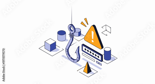 Isometric Cyber Security Phishing Attack Concept Illustration for Data Breach, Password Theft and Online Fraud Protection Warning