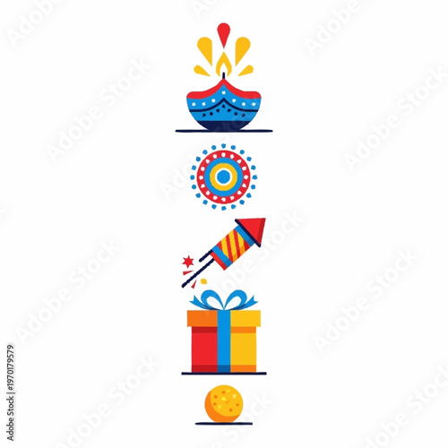 Diwali festival elements set with diya rangoli firecracker gift and ladoo.