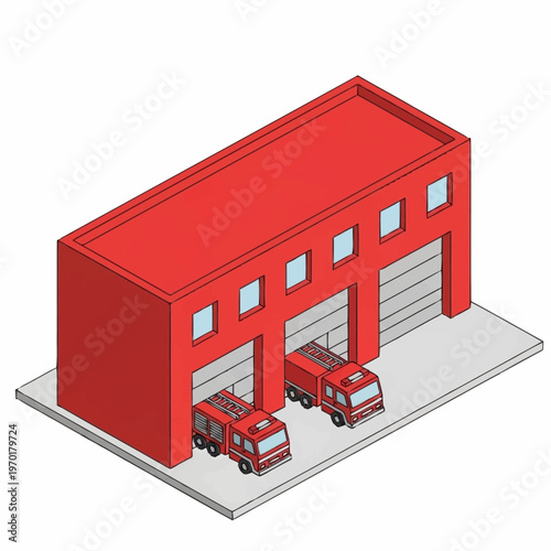 Isometric Fire Station with Two Fire Trucks Ready for Emergency Response.